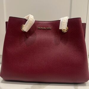 Michael Kors Dark Cherry Pebble Leather Shoulder Bag Gold Chain Strap